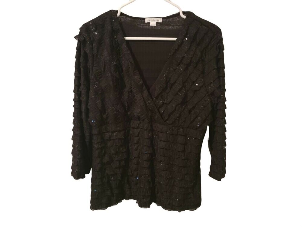 Erin London Womens Black Ruffle Blouse Size Large 3/4 Sleeve NWT